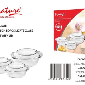 Signature High Borosilicate 3pcs Glass Casserole with Lid